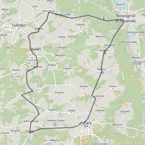 Miniatura mapy "Trasa rowerowa przez Jagodową Górę i Nowogród Bobrzański" - trasy rowerowej w Lubuskie, Poland. Wygenerowane przez planer tras rowerowych Tarmacs.app
