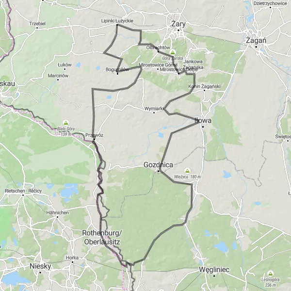 Miniatura mapy "Trasa z Lipinek Łużyckich przez Olbrachtów i Rothenburg/Oberlausitz" - trasy rowerowej w Lubuskie, Poland. Wygenerowane przez planer tras rowerowych Tarmacs.app