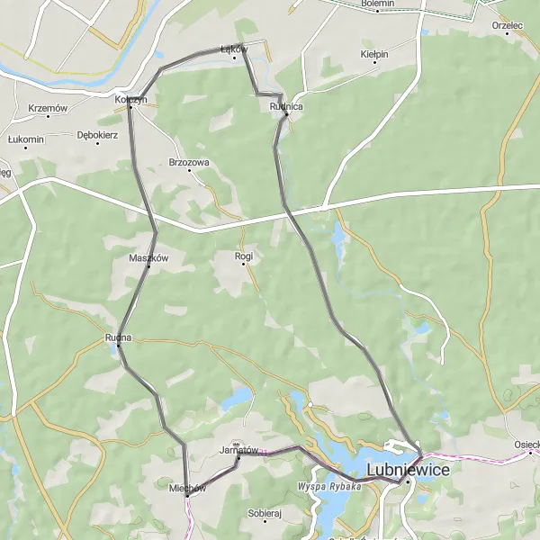 Map miniature of "Rudna Road Loop" cycling inspiration in Lubuskie, Poland. Generated by Tarmacs.app cycling route planner