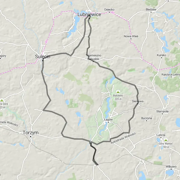 Map miniature of "Road Loop to Trzemeszno Lubuskie" cycling inspiration in Lubuskie, Poland. Generated by Tarmacs.app cycling route planner