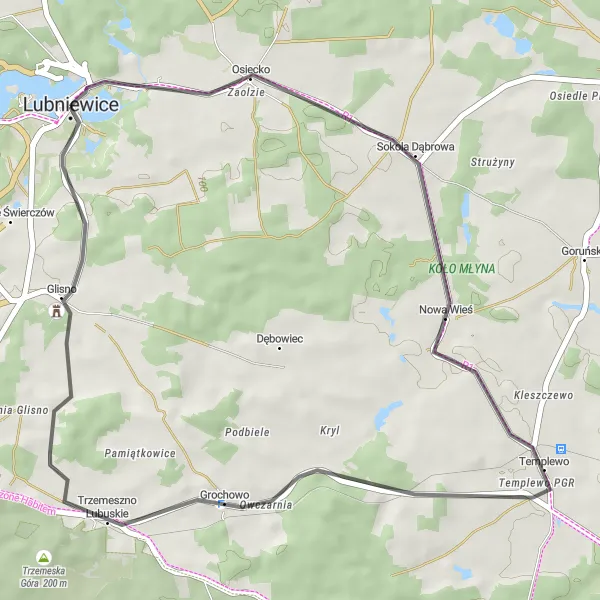 Map miniature of "Lubniewice Road Loop" cycling inspiration in Lubuskie, Poland. Generated by Tarmacs.app cycling route planner