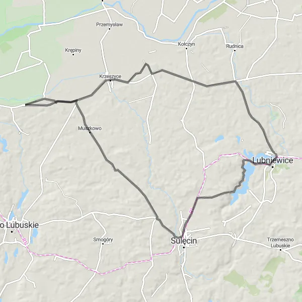 Map miniature of "Lubniewice Road Adventure" cycling inspiration in Lubuskie, Poland. Generated by Tarmacs.app cycling route planner