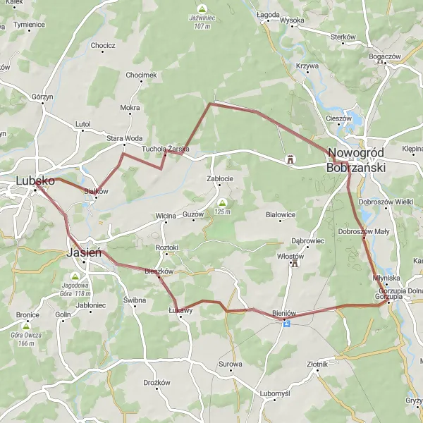Map miniature of "Gravel Adventure to Gorzupia" cycling inspiration in Lubuskie, Poland. Generated by Tarmacs.app cycling route planner