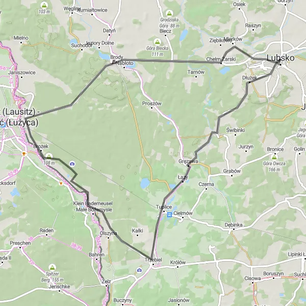 Map miniature of "Roads of Lubsko" cycling inspiration in Lubuskie, Poland. Generated by Tarmacs.app cycling route planner
