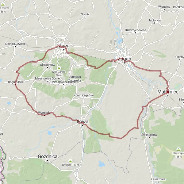 Map miniature of "Małomice and Bogumiłów Gravel Route" cycling inspiration in Lubuskie, Poland. Generated by Tarmacs.app cycling route planner