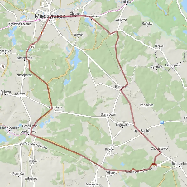 Map miniature of "The Bobowicko Adventure" cycling inspiration in Lubuskie, Poland. Generated by Tarmacs.app cycling route planner