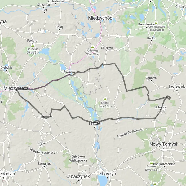 Map miniature of "Historical Trail" cycling inspiration in Lubuskie, Poland. Generated by Tarmacs.app cycling route planner