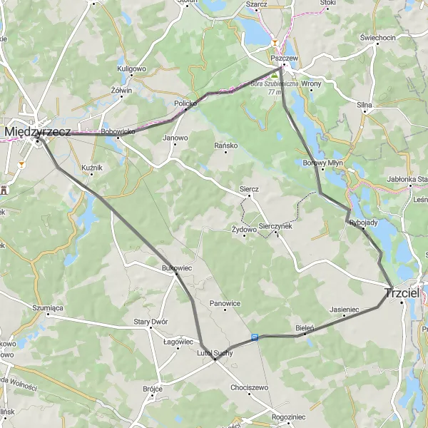 Map miniature of "The Road to Kuźnik" cycling inspiration in Lubuskie, Poland. Generated by Tarmacs.app cycling route planner