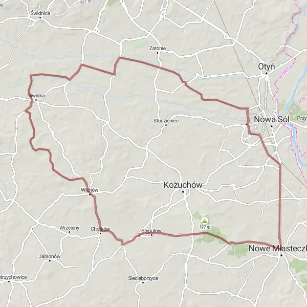 Map miniature of "Nowe Miasteczko - Gołaszyn Gravel Cycling Route" cycling inspiration in Lubuskie, Poland. Generated by Tarmacs.app cycling route planner