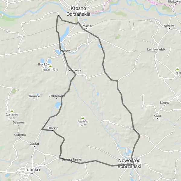 Map miniature of "Countryside Charm: Rural Road Route" cycling inspiration in Lubuskie, Poland. Generated by Tarmacs.app cycling route planner