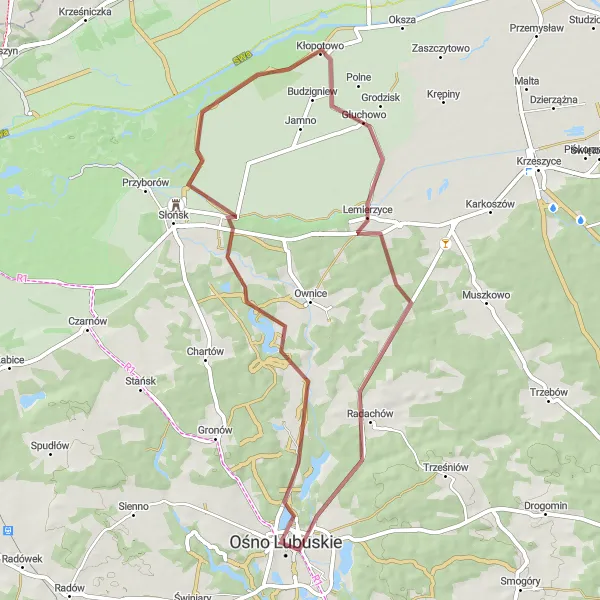 Map miniature of "Scenic gravel ride to Lemierzyce" cycling inspiration in Lubuskie, Poland. Generated by Tarmacs.app cycling route planner