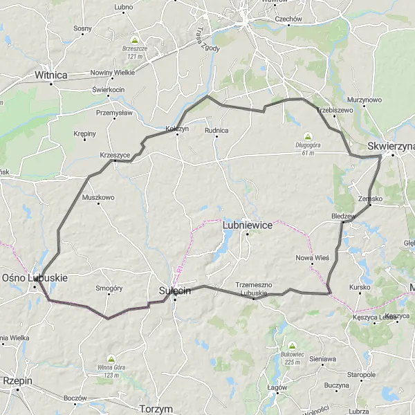 Map miniature of "Krasnołęg Loop" cycling inspiration in Lubuskie, Poland. Generated by Tarmacs.app cycling route planner