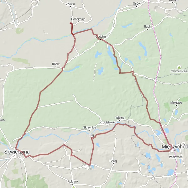 Map miniature of "Przytoczna and Surrounding Villages" cycling inspiration in Lubuskie, Poland. Generated by Tarmacs.app cycling route planner
