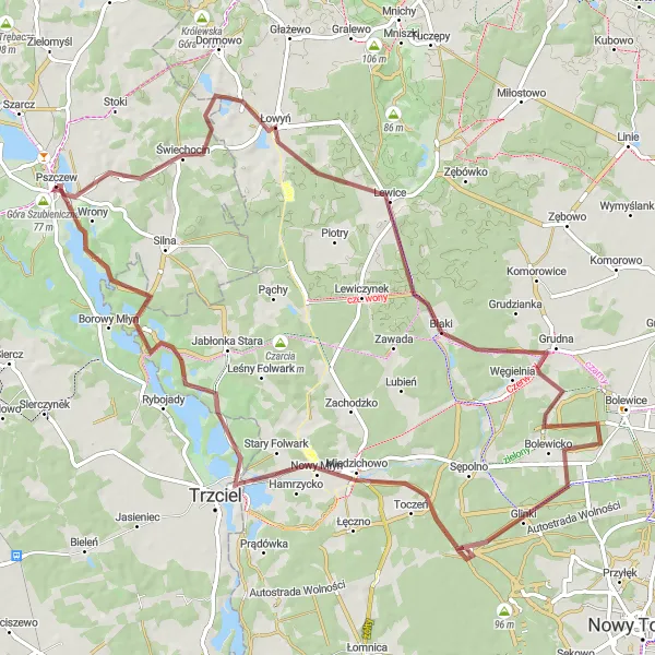 Map miniature of "Pszczew and Beyond" cycling inspiration in Lubuskie, Poland. Generated by Tarmacs.app cycling route planner