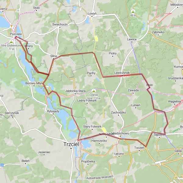 Miniatura mapy "Trasa gravelowa przez okolice Pszczewa" - trasy rowerowej w Lubuskie, Poland. Wygenerowane przez planer tras rowerowych Tarmacs.app