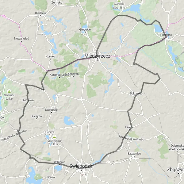 Map miniature of "Napoleonic Hill Loop" cycling inspiration in Lubuskie, Poland. Generated by Tarmacs.app cycling route planner