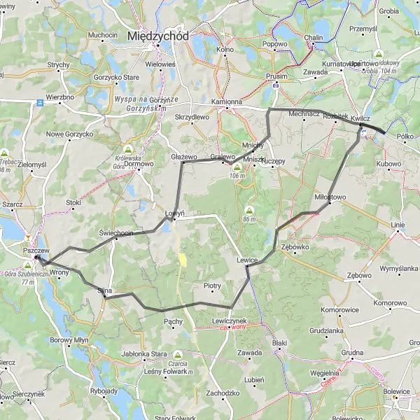 Miniatura mapy "Trasa widokowa Pszczew - Świechocin - Łowyń - Rozbitek - Lewice - Silna" - trasy rowerowej w Lubuskie, Poland. Wygenerowane przez planer tras rowerowych Tarmacs.app