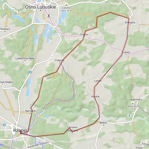 Miniatura mapy "Przejażdżka przez malownicze tereny" - trasy rowerowej w Lubuskie, Poland. Wygenerowane przez planer tras rowerowych Tarmacs.app