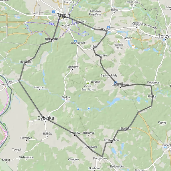 Map miniature of "Gądków Mały Loop" cycling inspiration in Lubuskie, Poland. Generated by Tarmacs.app cycling route planner