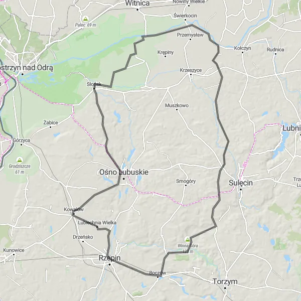 Miniatura mapy "Przez urocze Słońsk i Krasnołęg" - trasy rowerowej w Lubuskie, Poland. Wygenerowane przez planer tras rowerowych Tarmacs.app
