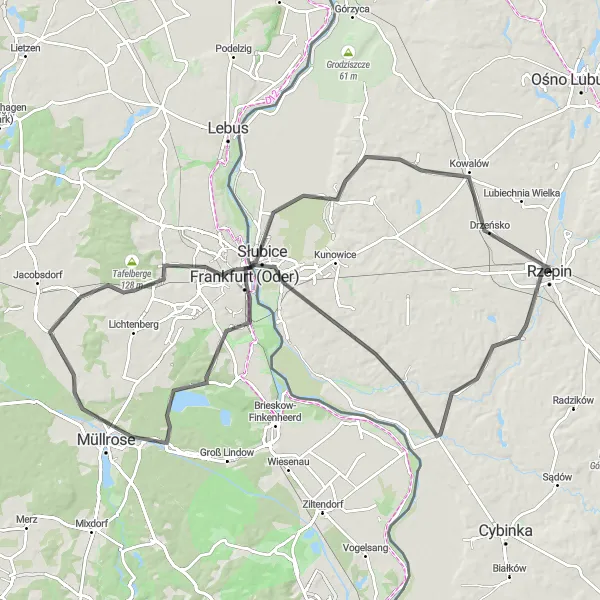 Map miniature of "Bridging Cultures" cycling inspiration in Lubuskie, Poland. Generated by Tarmacs.app cycling route planner