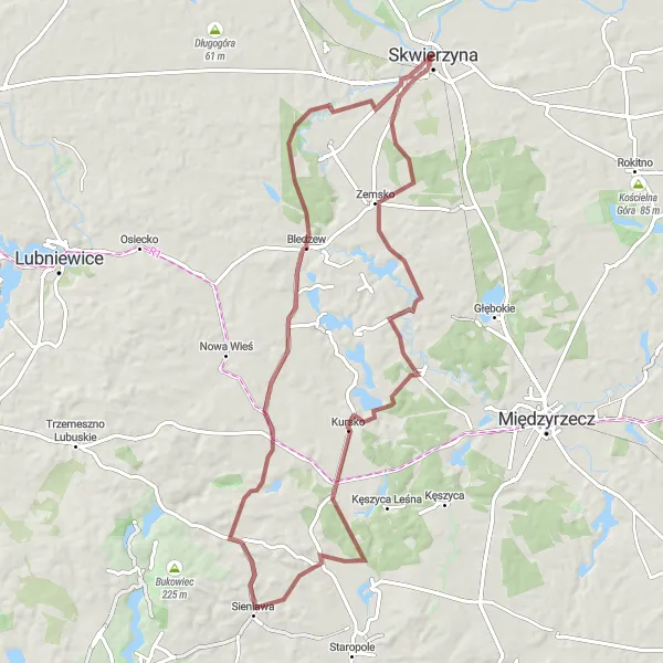 Map miniature of "Skwierzyna Gravel Adventure" cycling inspiration in Lubuskie, Poland. Generated by Tarmacs.app cycling route planner