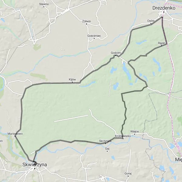 Map miniature of "Skwierzyna Road Loop" cycling inspiration in Lubuskie, Poland. Generated by Tarmacs.app cycling route planner