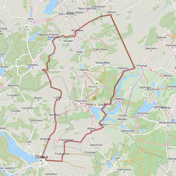Map miniature of "The Kębłowo Perkowo Gravel Adventure" cycling inspiration in Lubuskie, Poland. Generated by Tarmacs.app cycling route planner