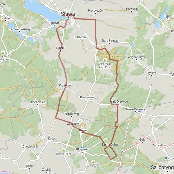 Miniatura mapy "Trasa pagórkowata do Pałacu Sława" - trasy rowerowej w Lubuskie, Poland. Wygenerowane przez planer tras rowerowych Tarmacs.app