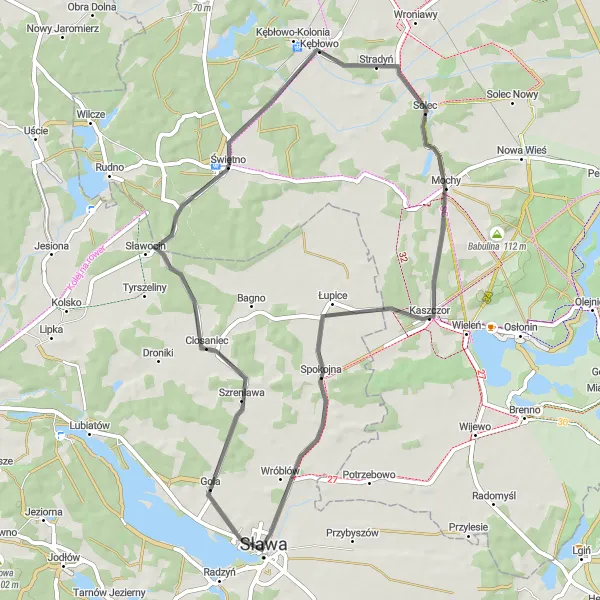 Map miniature of "Hills and History" cycling inspiration in Lubuskie, Poland. Generated by Tarmacs.app cycling route planner