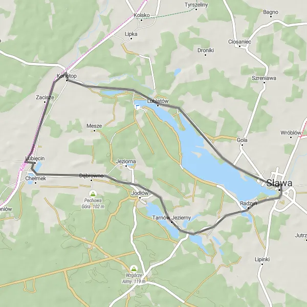 Miniatura mapy "Trasa do Konotopu i Lubogoszczy" - trasy rowerowej w Lubuskie, Poland. Wygenerowane przez planer tras rowerowych Tarmacs.app