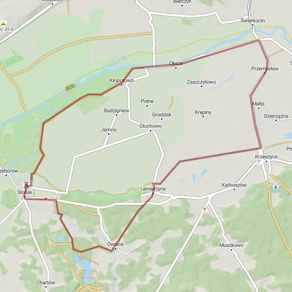 Map miniature of "Picturesque Gravel Route through Kłopotowo" cycling inspiration in Lubuskie, Poland. Generated by Tarmacs.app cycling route planner