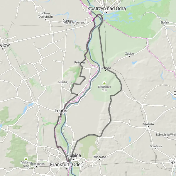 Map miniature of "Lebus Loop" cycling inspiration in Lubuskie, Poland. Generated by Tarmacs.app cycling route planner