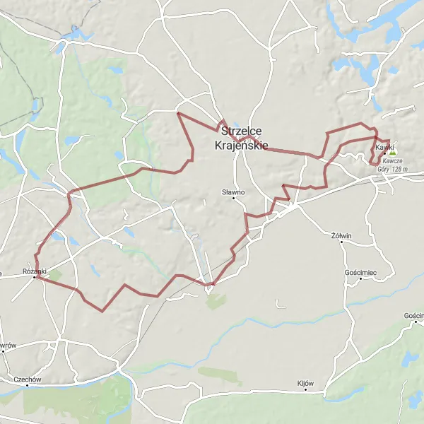 Map miniature of "Kawcze Góry and Strzelce Krajeńskie Gravel Loop" cycling inspiration in Lubuskie, Poland. Generated by Tarmacs.app cycling route planner