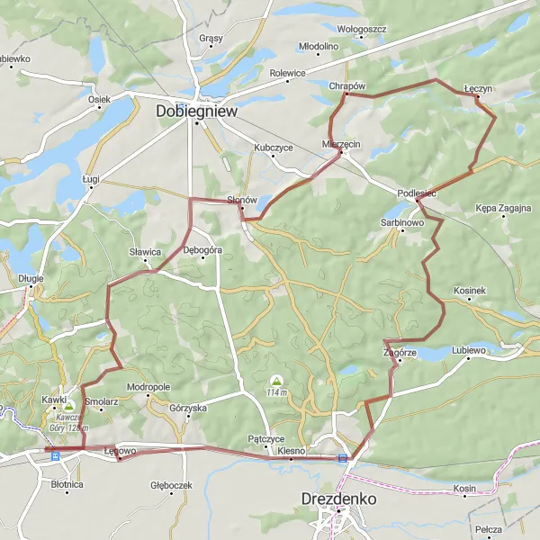 Map miniature of "Mesmerizing Gravel Cycling Route in Lubuskie" cycling inspiration in Lubuskie, Poland. Generated by Tarmacs.app cycling route planner