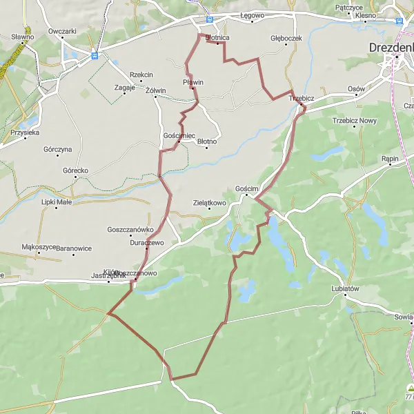Map miniature of "Przynotecko and Błotnica Gravel Loop" cycling inspiration in Lubuskie, Poland. Generated by Tarmacs.app cycling route planner
