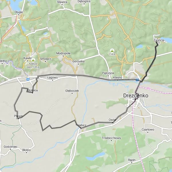 Map miniature of "Błotnica and Nowe Kurowo Road Loop" cycling inspiration in Lubuskie, Poland. Generated by Tarmacs.app cycling route planner