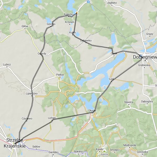 Miniatura mapy "Trasa do Ogardów i Długiego" - trasy rowerowej w Lubuskie, Poland. Wygenerowane przez planer tras rowerowych Tarmacs.app