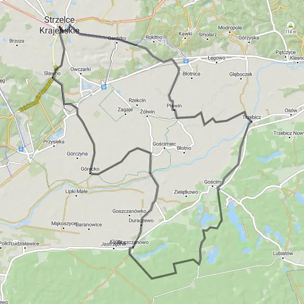 Miniatura mapy "Trasa przez Pławin i Sarbiewo" - trasy rowerowej w Lubuskie, Poland. Wygenerowane przez planer tras rowerowych Tarmacs.app