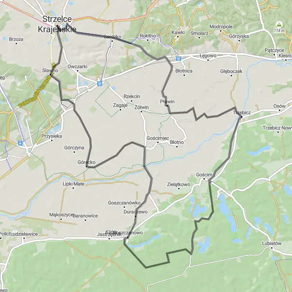 Map miniature of "Pławin and Sarbiewo Road Route" cycling inspiration in Lubuskie, Poland. Generated by Tarmacs.app cycling route planner