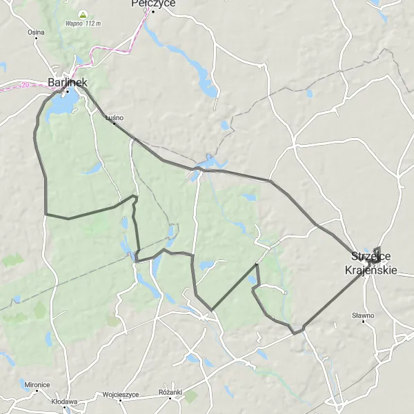 Map miniature of "Przyłęg and Moczydło Road Route" cycling inspiration in Lubuskie, Poland. Generated by Tarmacs.app cycling route planner