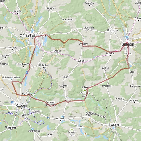 Map miniature of "Off-Road Adventure to Winna Góra" cycling inspiration in Lubuskie, Poland. Generated by Tarmacs.app cycling route planner