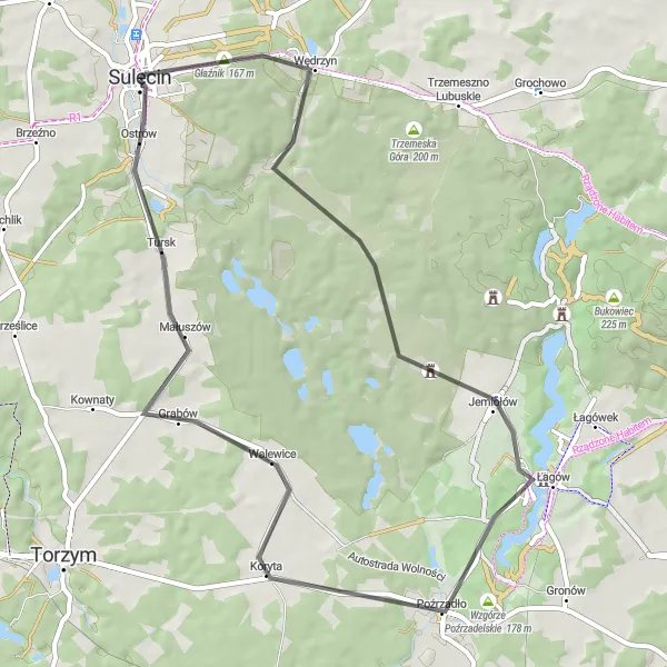 Map miniature of "The Glorious Głaznik Loop" cycling inspiration in Lubuskie, Poland. Generated by Tarmacs.app cycling route planner