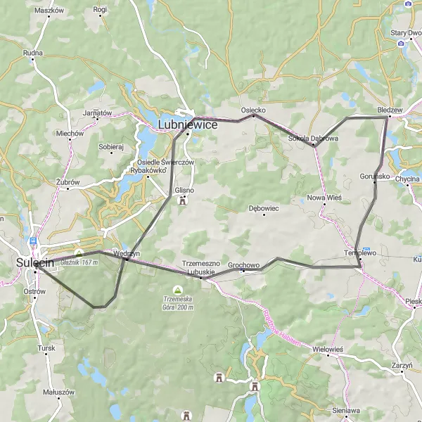 Map miniature of "Hidden Gems of Lubniewice" cycling inspiration in Lubuskie, Poland. Generated by Tarmacs.app cycling route planner