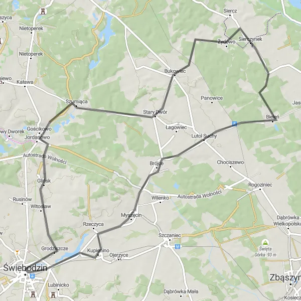 Map miniature of "Jordanowo Adventure" cycling inspiration in Lubuskie, Poland. Generated by Tarmacs.app cycling route planner