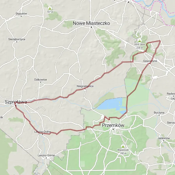 Map miniature of "Szprotawa Gravel Adventure" cycling inspiration in Lubuskie, Poland. Generated by Tarmacs.app cycling route planner