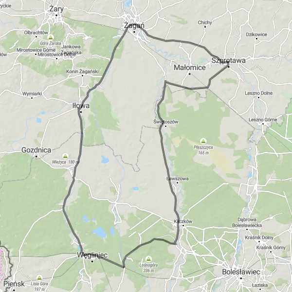 Map miniature of "Szprotawa Loop" cycling inspiration in Lubuskie, Poland. Generated by Tarmacs.app cycling route planner