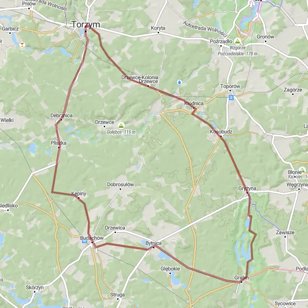 Map miniature of "Discovering Bytnica and Debrznica by Gravel" cycling inspiration in Lubuskie, Poland. Generated by Tarmacs.app cycling route planner