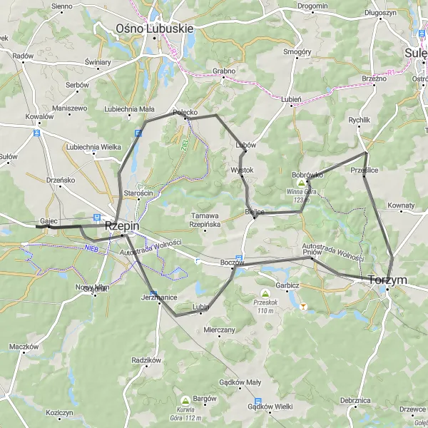 Map miniature of "Around Torzym and Boczów" cycling inspiration in Lubuskie, Poland. Generated by Tarmacs.app cycling route planner