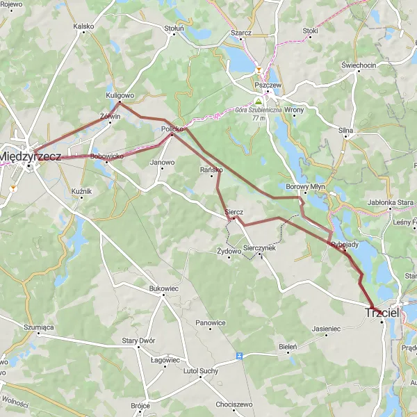 Map miniature of "Trzciel Gravel Circuit" cycling inspiration in Lubuskie, Poland. Generated by Tarmacs.app cycling route planner